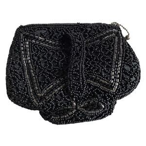 Vtg Black Beaded bow Evening Bag Clutch Handbag Makeup Mirror set 1950s Purse